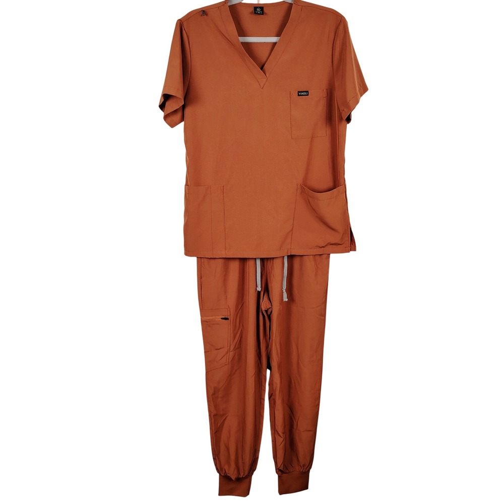 VIAOLI Womens SZ M Scrub Set Burnt Orange Jogger Medical Uniform Medcore